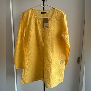 NWT Fabindia tunic blouse top pin-tucked mustard yellow 100% cotton buttons Larg